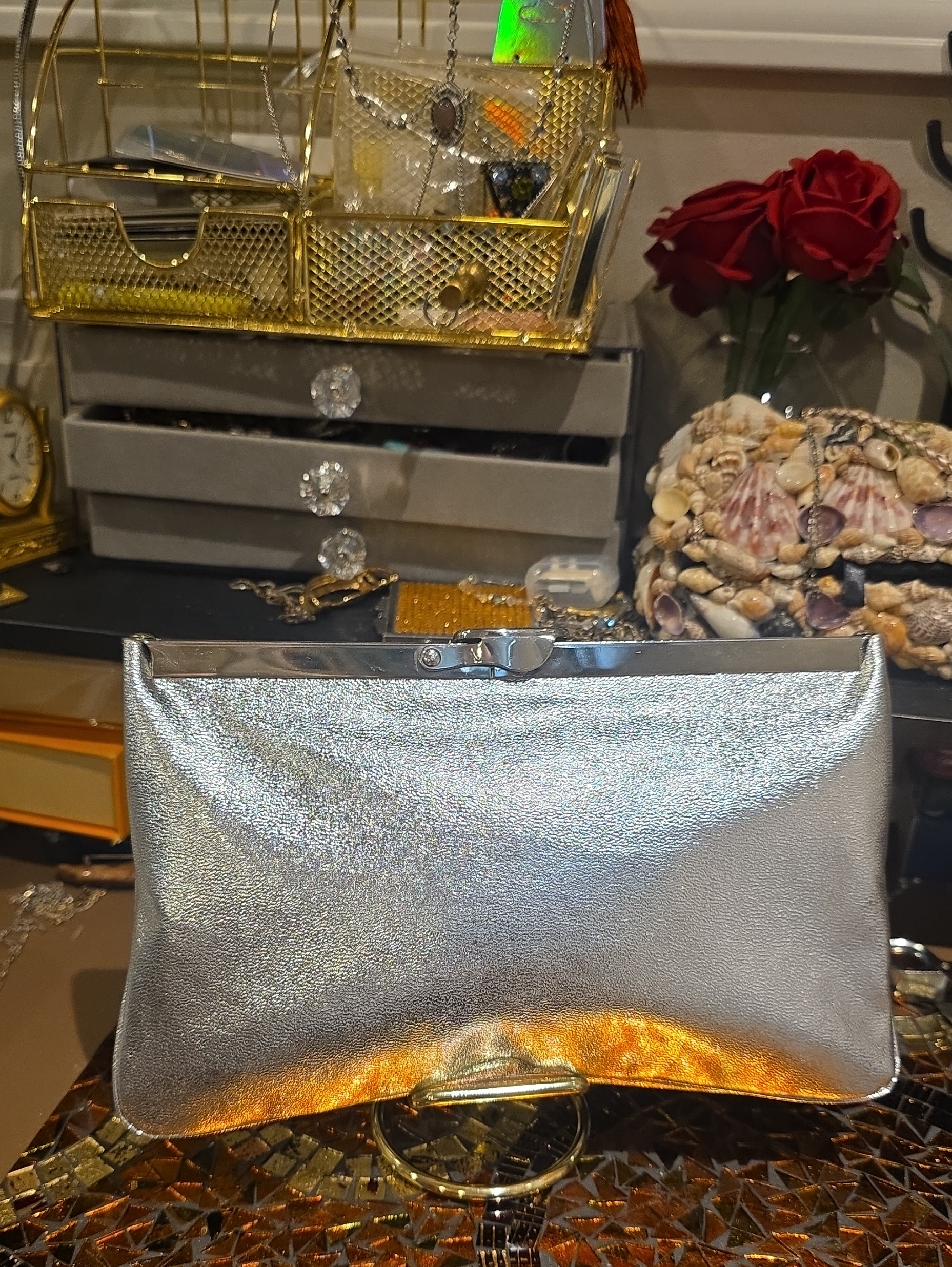 Silver Metallic Evening Clutch With KissLock Frame